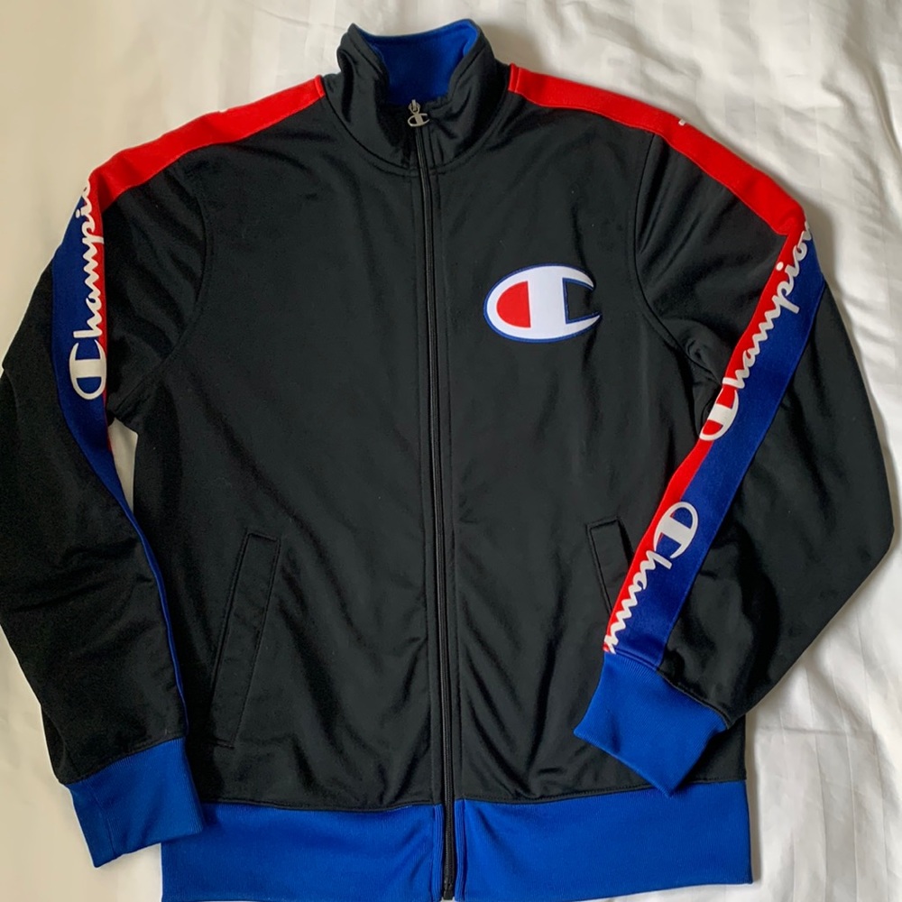 COPY - Champion black zip front jacket royal blue/red sleeve w Champion decals …